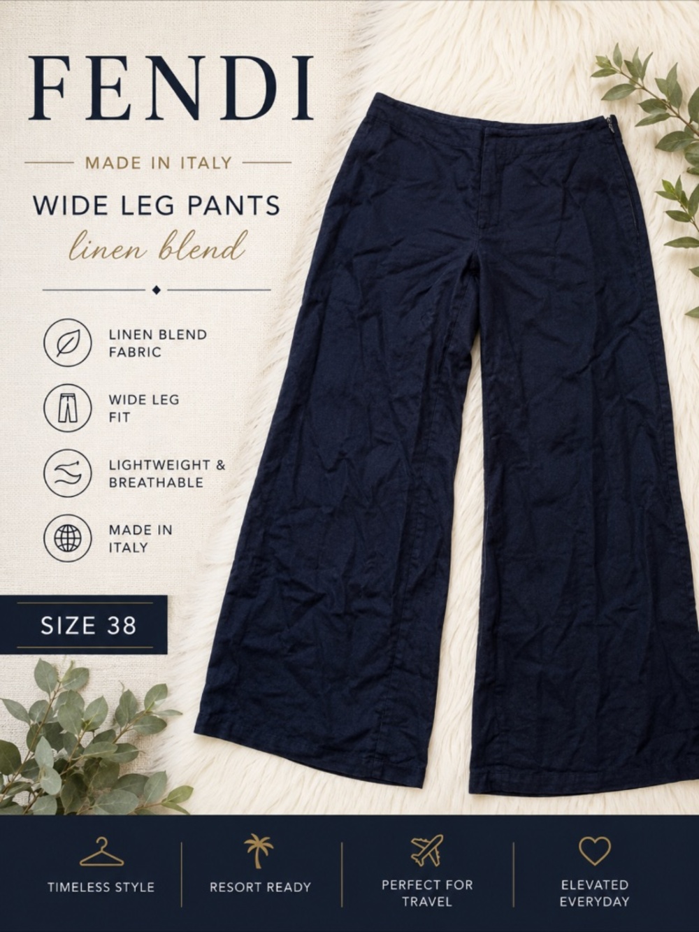 Fendi Navy Blue Linen Blend Wide Leg Pants Size 38 Made in Italy